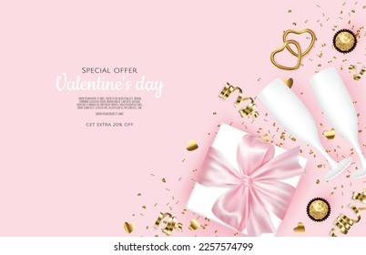 Valentine's day, February 14. Vector illustrations of love, heart, gift, champagne glasses, confetti sweets. Drawings for postcard, card, congratulations and poster.
