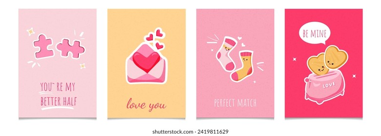 Día de San Valentín, 14 de febrero. Ilustraciones vectoriales de amor, tostadora, corazón, medias, puzzles, sobre, correo. Dibujos para postal, tarjeta, felicitaciones y afiche.