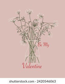 
Valentine's day, February 14. Vector illustrations of flowers in vase, hearts. Drawings for postcard, card, congratulations and poster.