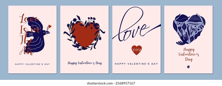 Valentine's day, February 14. Vector illustrations of love, birds, leaves, calligraphic, flowers. Drawings for postcard, card, congratulations and poster.