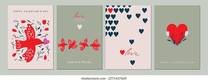 Valentine's day, February 14. Vector illustrations of love, birds, leaves, calligraphic, flowers. Drawings for postcard, card, congratulations and poster.
