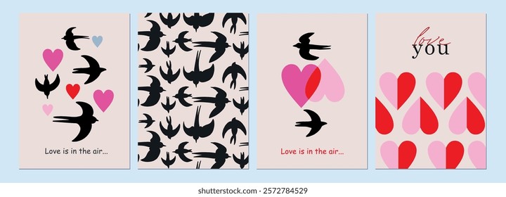 Valentine's day, February 14. Vector illustrations of love, birds, leaves, calligraphic, flowers. Drawings for postcard, card, congratulations and poster. 