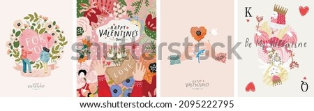 Valentine's day, February 14. Vector illustrations of love, couple, heart, valentine, king, queen, hands, flowers. Drawings for postcard, card, congratulations and poster.