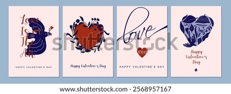 Valentine's day, February 14. Vector illustrations of love, birds, leaves, calligraphic, flowers. Drawings for postcard, card, congratulations and poster.