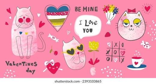 Día de San Valentín, 14 de febrero. Colección de adorables elementos para decorar tarjetas, pancartas, invitaciones, portadas y mucho más. Cosas divertidas, inscripciones manuscritas, corazones y otros detalles