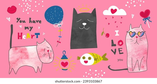 Día de San Valentín, 14 de febrero. Colección de adorables elementos para decorar tarjetas, pancartas, invitaciones, portadas y mucho más. Cosas divertidas, inscripciones manuscritas, corazones y otros detalles