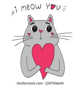 Valentine's Day, February 14th. Declaration of love. Lettering I love you. Humanized cat with a heart. Vector illustration for greeting card, baby textile.