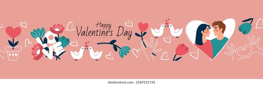 Valentine's Day, February 14th. Endless romantic border on pink background. Seamless vector repeating pattern. Flat cartoon illustration for textiles, postcards, banners, posters, packaging, paper.