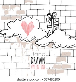 Valentine's day. February 14th. Heart, gift, letter, love, ribbon. Hand drawn vector illustration. Line art ink sketch. Watercolor abstract background. Mixed Media, paper cut.