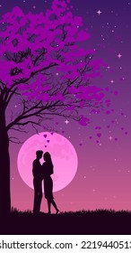 Valentine's Day, February 14th. Vector illustrations of love, a couple in love on the background of the full moon, a flowering tree and purple sunset. Vertical stories template, for social media