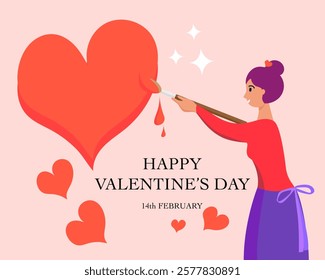 Valentine's Day. February 14. Girl artist painting Love Hearts. Vector illustration.