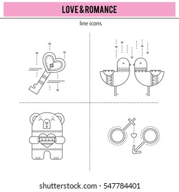 Valentine's Day, feelings of romance and love. Thin line icons set, vector illustration. Black on white pictograms, romantic isolated symbols. Simple mono linear modern design.