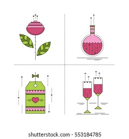 Valentine's Day, feelings of romance and love. Thin line icons set, vector illustration. Colored pictograms, romantic isolated symbols. Simple mono linear modern design.