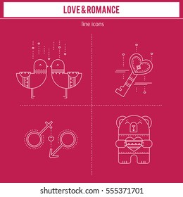 Valentine's Day, feelings of romance and love. Thin line icons set, vector illustration. Cute pictograms, romantic isolated symbols. Simple mono linear modern design.