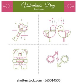 Valentine's Day, feelings of romance and love. Thin line icons set, vector illustration. Cute pictograms, romantic isolated symbols. Simple mono linear modern design.