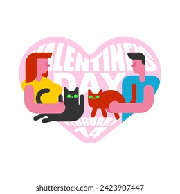 Valentine's day Feline Love. Cat owners are having a date. Meeting pets. Meeting with lovers. Hands in shape of heart. February 14 illustration. Love concept postcard