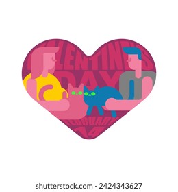 Valentine's day Feline Love. Cat owners are having a date. Meeting pets. Meeting with lovers. Hands in shape of heart. February 14 illustration. Love concept postcard