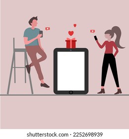 Valentine's day festival concept. Love couple use mobile phone sent red heart, message, and love gift.flat vector illustration. Can use for web banner or landing page idea