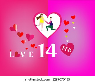 Valentine's day festival with young joyful couple and pink heart on abstract love background