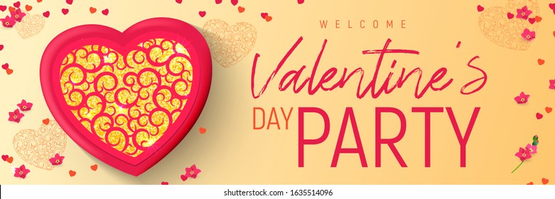 Valentines Day festive background with carved pendant in the shape of a heart, glitter and red flowers. Vector holiday background. Template with valentine's day for banner design.