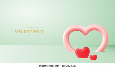 Valentines Day festive background on February 14. Holiday decor realistic 3d objects
