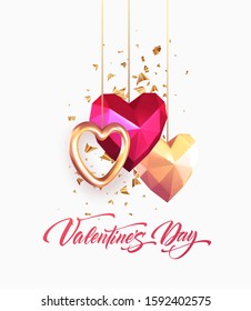 Valentines Day festive background with realistic metallic gold and red ruby low poly heart. Lettering Valenetine day. Vector illustration EPS10