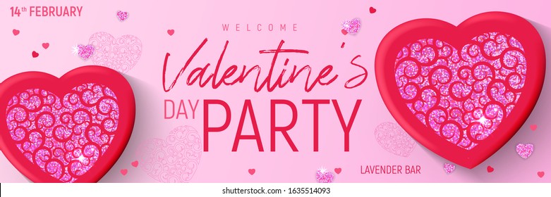 Valentines Day festive background with realistic heart-shaped carved pendant, glitter hearts and foil confetti. Vector holiday background. Template with valentine's day for banner design.