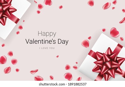 Valentines day festive background. Realistic gift boxes with red bow and red rose petals on background. Vector illustration.