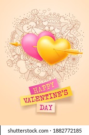 Valentines Day festive card. Couple of golden and pink convex hearts pierced by cupid arrow. Holiday objects in hand drawn line art style on gentle light beige background. Vector illustration.