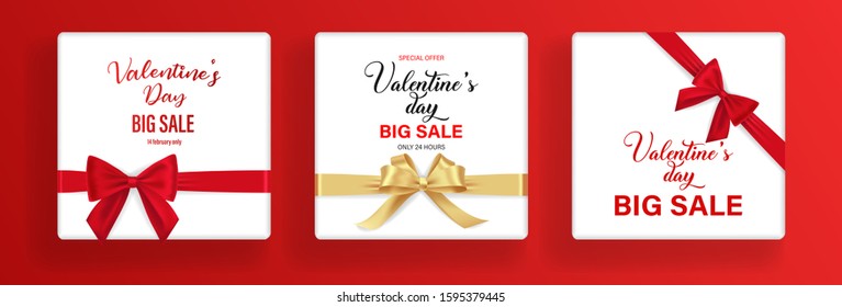 Valentines day festive composition with two red, ribbon hearts with golden stripe and red ribbon petals flowers on a colorful abstract background. Top view vector illustration. Banner design.