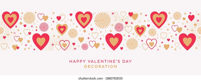 Valentines Day festive design with border made of beautiful golden red hearts and sparkles in modern flat line art style isolated on white background. Romantic decoration for Valentines day or wedding
