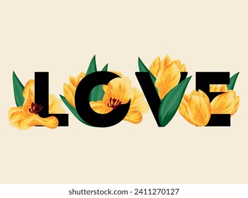 Valentine's day festive design for greeting card, banner or advertisement consisting of yellow tulip buds and unopened tulips and green leaves