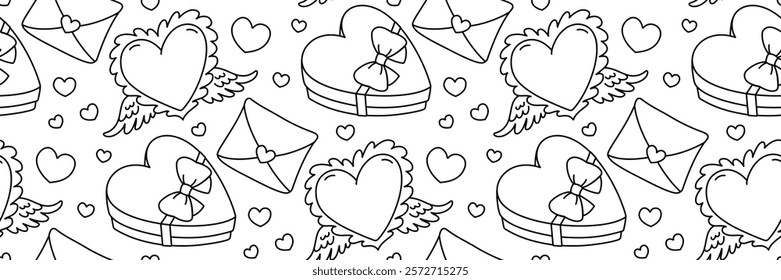 Valentines Day festive doodle pattern. Heart with angel wings. Heart-shaped box of chocolates with bow, envelope. Cute flying symbol Cupid. Line art romantic Background. Vector outline illustration.