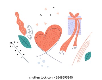 Valentine's Day festive elements set. Flowers, heart, gift flat vector illustration isolated on white background.  Design for prints, cards and coloring page.