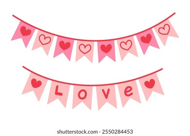 Valentines day festive garland of flags with hearts and word love. Wedding and valentines day concept. Flat vector isolated illustration