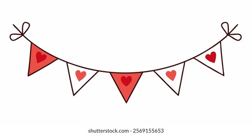 Valentines Day Festive garland of flags with hearts. wedding and valentines day concept. Simple Hand Drawn. Retro flat style. white  vector Valentine's Day vector illustration with white background. 