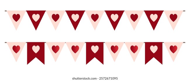 Valentines Day Festive garland of flags with hearts. Wedding, birthday, valentines day concepts. Cute design garland of flags. Flat style. Perfect Holiday background For Poster, Valentines Day Card