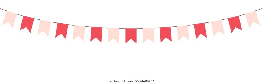 Valentine's day festive garland of pink colour pennants on white background. Wedding and valentine day concept.