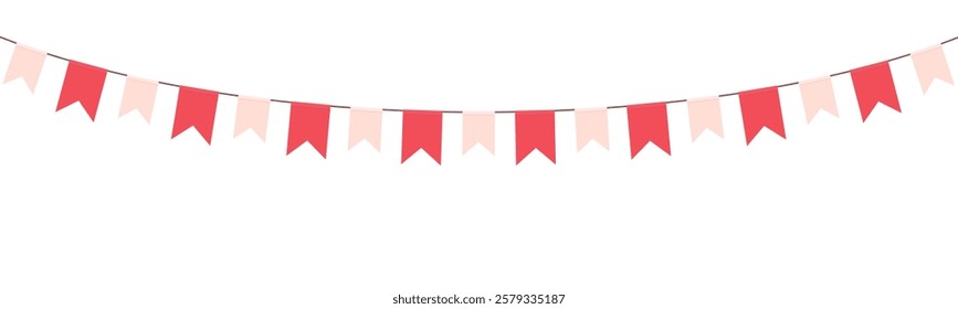 Valentine's day festive garland of pink colour pennants on white background. Wedding and valentine day concept.