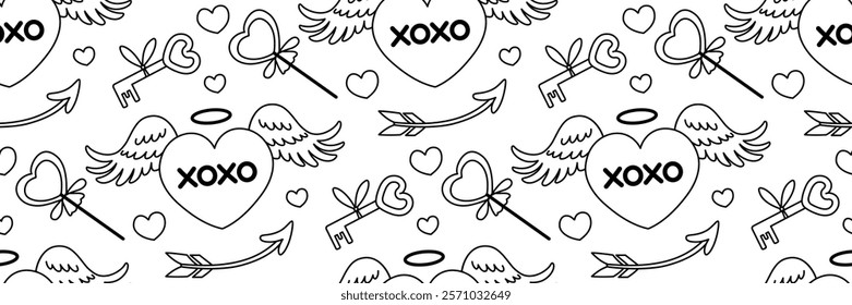 Valentine's Day festive hearts doodle pattern. Pink heart with angel wings. Flying arrow symbol Cupid. Outline romantic Background. Hugs and kisses abbreviated text. Vector line illustration.