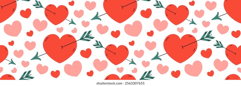 Valentine's Day festive hearts pattern. An arrow in red heart. Cute flying arrow symbol Cupid. Red passionate love Background. Romantic concept. For textile, packaging. Vector flat illustration.