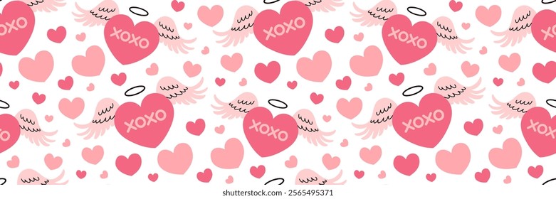 Valentine's Day festive hearts pattern. Pink heart with angel wings. Cute flying arrow symbol Cupid. Pink romantic Background. Hugs and kisses abbreviated text. Vector flat illustration.