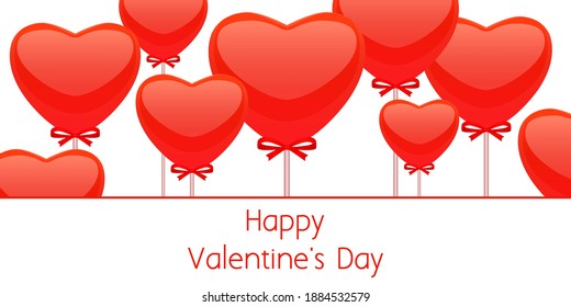 Valentine's Day festive horizontal banner with glossy red heart-shaped balloons, and with bows. The holiday greeting card on a white background.