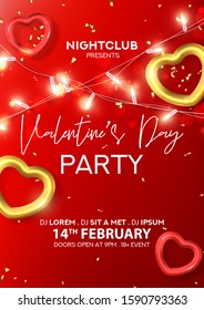 Valentine's Day festive party flyer. Vector illustration sprkling light garlands, gold and red hearts and confetti on red background. Invitation to nightclub.