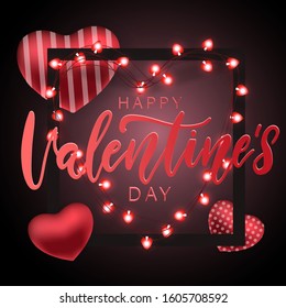 Valentine's Day festive party poster. Vector illustration sprkling light garlands, red hearts and square frame on black background. Invitation to nightclub