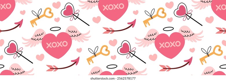 Valentine's Day festive pattern. Pink heart with angel wings. Cute flying arrow symbol Cupid, key and lollypop. Pink romantic Background. Hugs and kisses abbreviated text. Vector flat illustration.