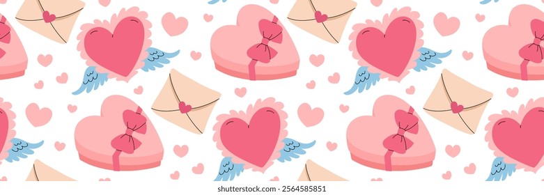 Valentine's Day festive pattern. Pink heart with angel wings. Heart-shaped box of chocolates with bow, envelope. Cute flying symbol Cupid. Pink romantic Background. Vector flat illustration.