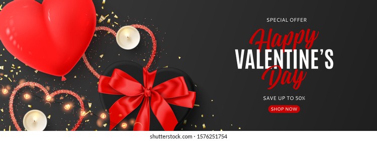 Valentine's Day festive sale banner. Vector illustration with black gift box, sparkling light garland, candles and confetti on black background. Promo discount banner.