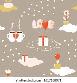 Valentines day festive vector seamless pattern with cute LOVE shaped balloons lifting gift box, coffee cups, flower, cloud, BE MY VALENTINE text. 14 February endless ornament for wrapping paper, cover