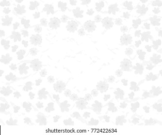 Valentine's Day. Field and heart of Sakura flowers. Black and white vector illustration